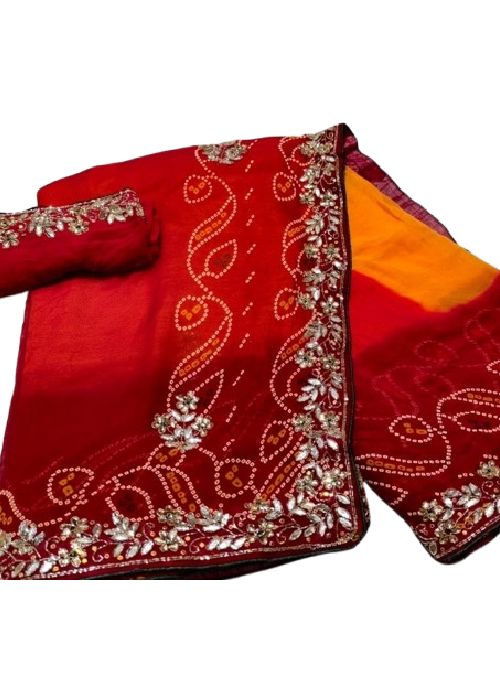Peela Handwork Bandhej Saree with Jaipuri Print - Image 4
