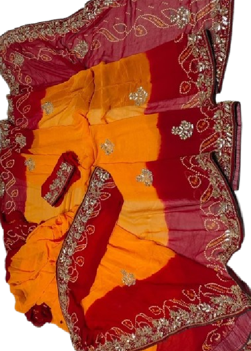 Peela Handwork Bandhej Saree with Jaipuri Print - Image 3