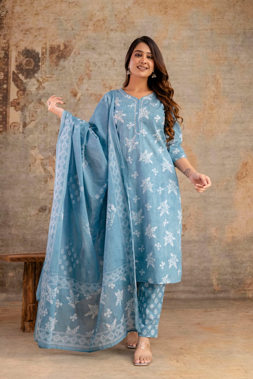 Sky blue cotton kurti set with white floral embroidery, matching pants and dupatta