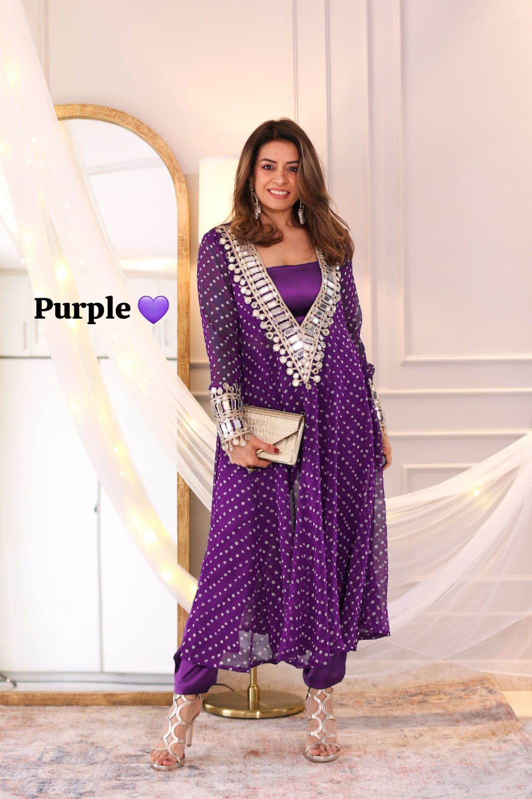 purple Anarkali Kurti Set for Women with Mirror Work