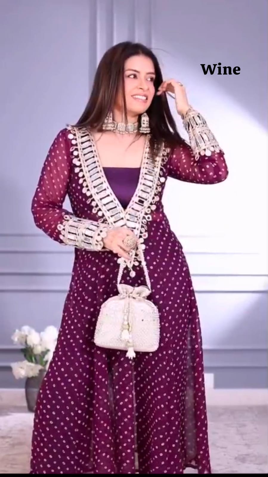wine Anarkali Kurti Set for Women with Mirror Work