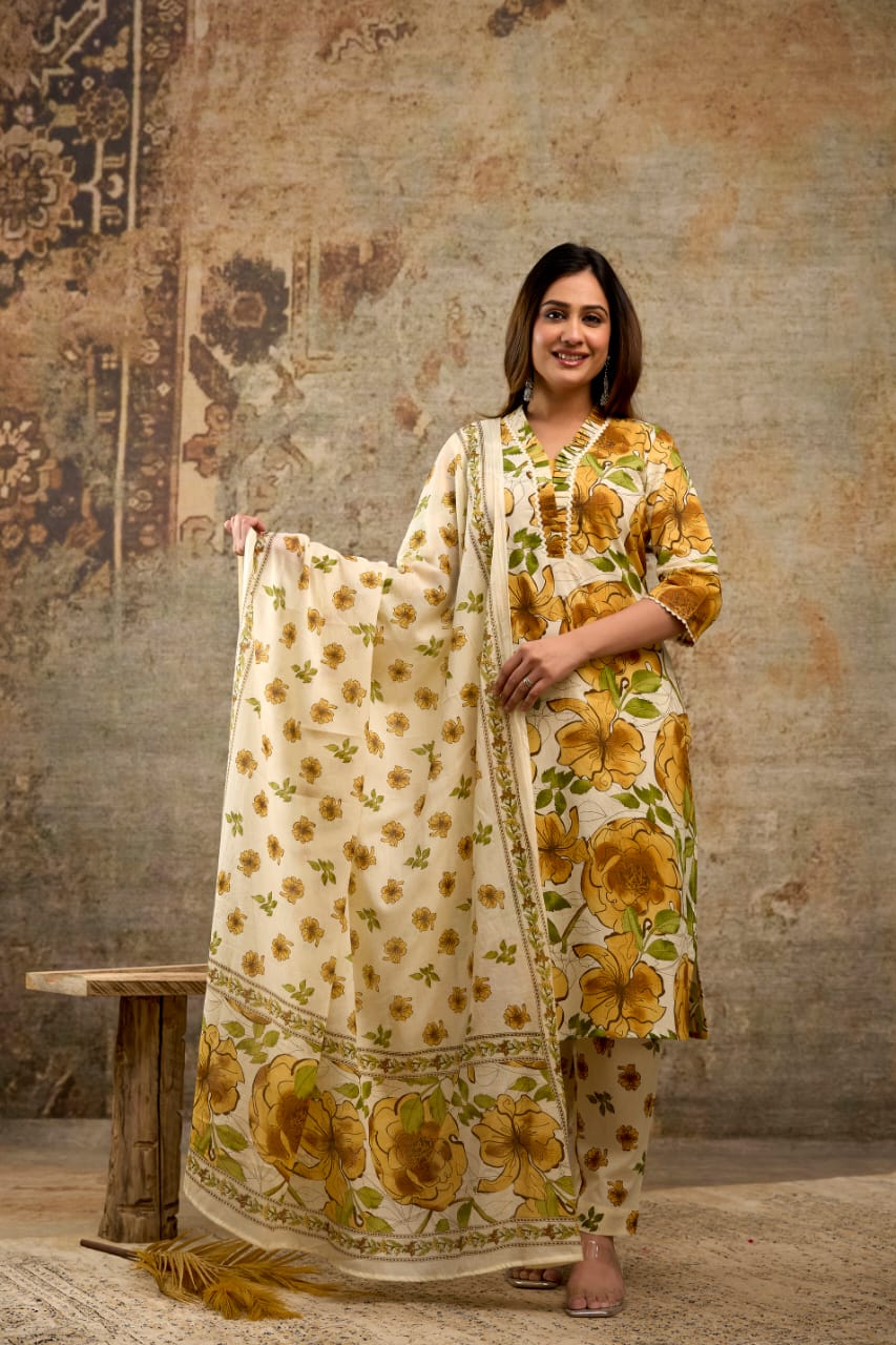 Mustard-Yellow cotton kurti set for Women's
