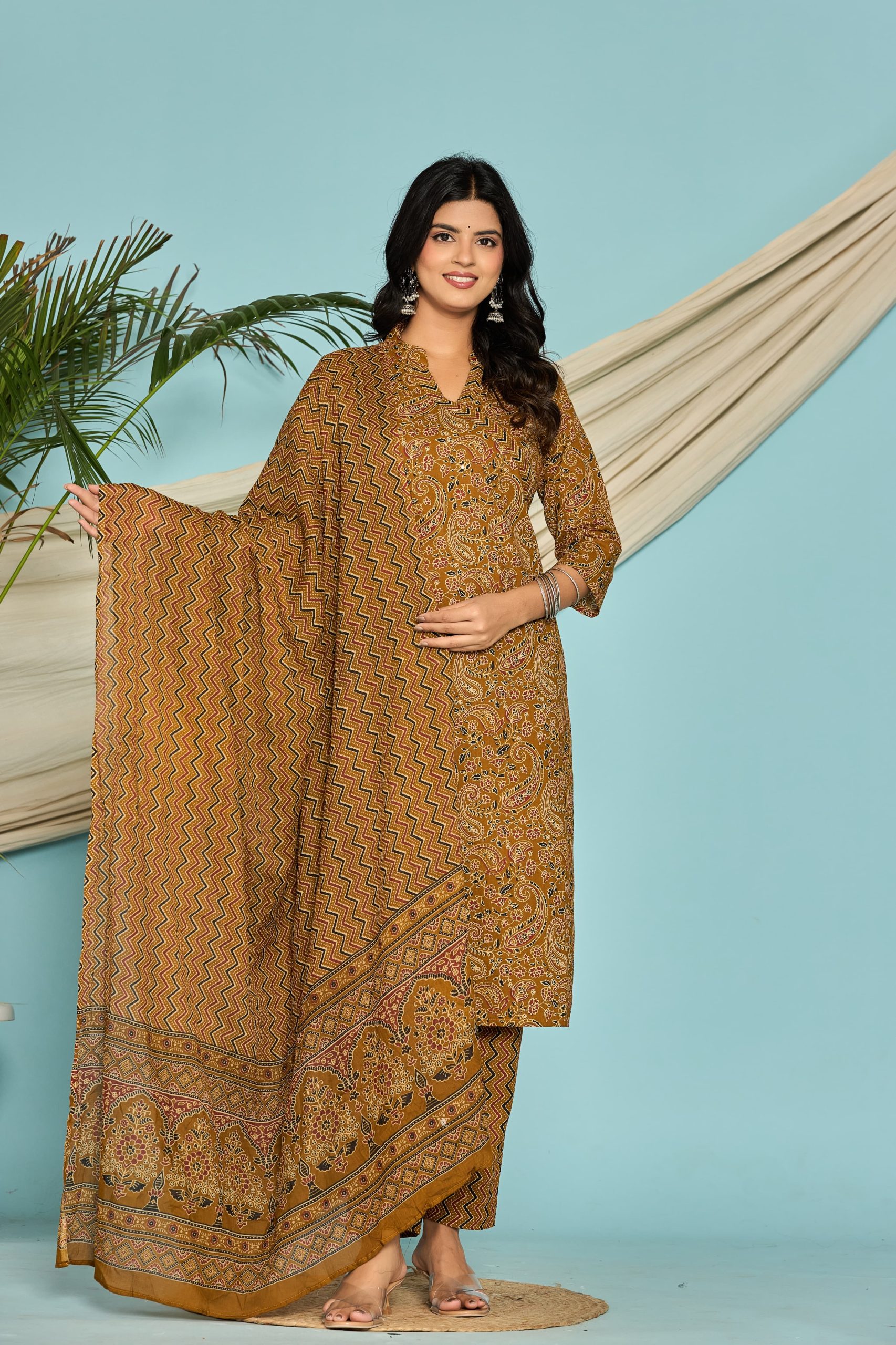 Mustard yellow cotton kurti set with printed dupatta for women