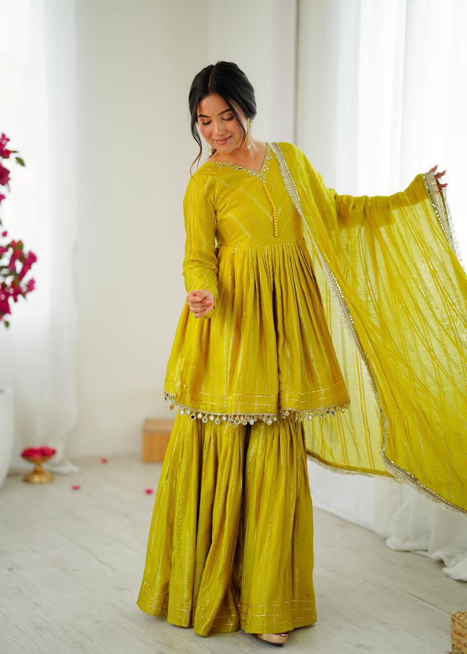 Designer Mal Chanderi Mirror Work Sharara Set for Women