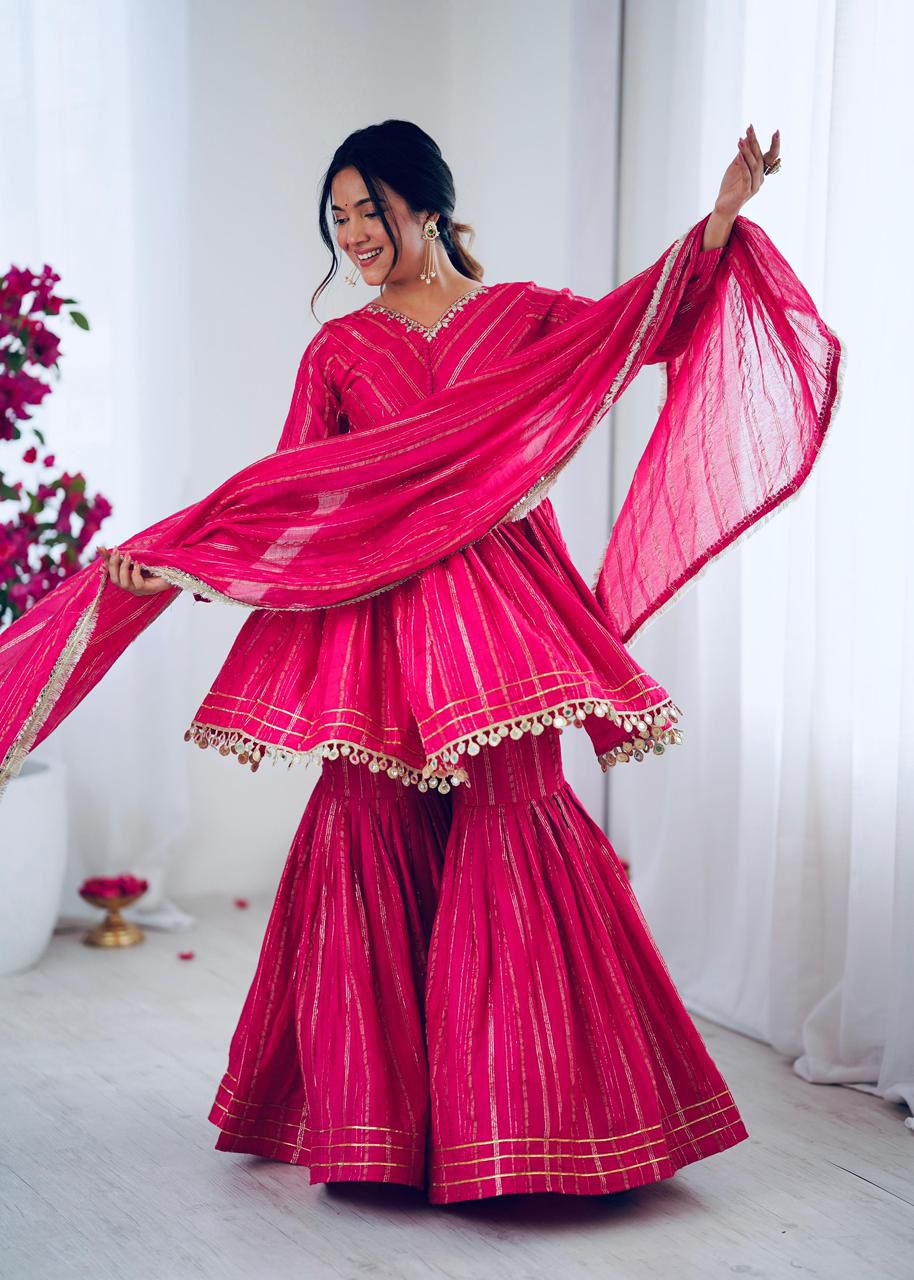 Designer Mal Chanderi Mirror Work pink Sharara Set for Women