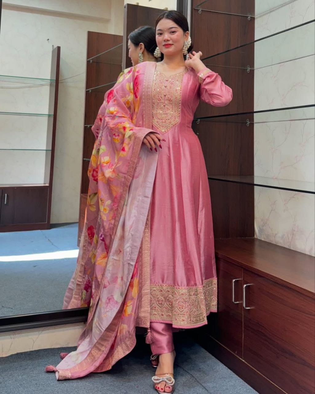 Silk Anarkali Kurti Pant Dupatta Set with Banarasi Dupatta